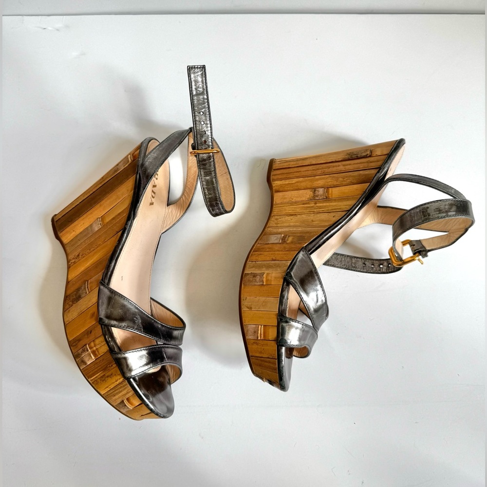Metallic Silver PRADA Bamboo Wedge - Picture 3 of 10